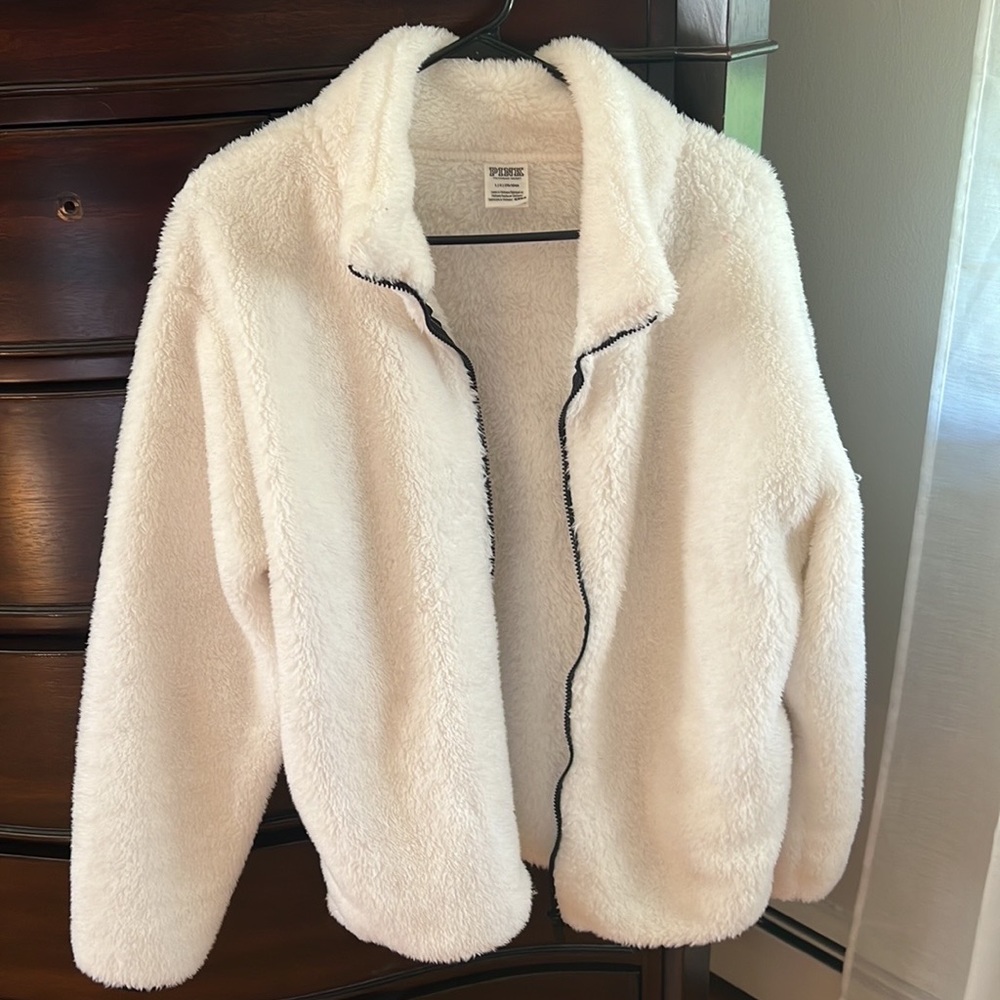 White PINK fleece jacket size large with black zipper